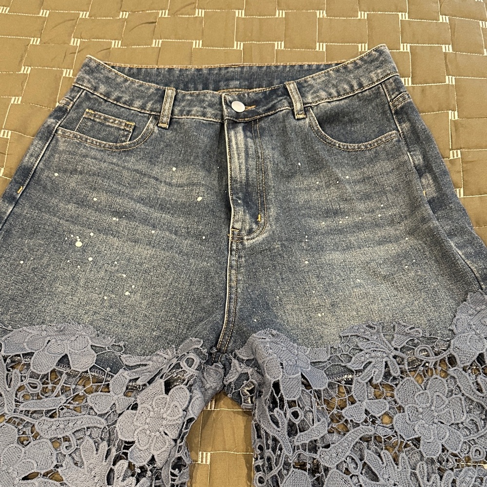 Denim Lace-Panel Jeans - Blue - Picture 2 of 11